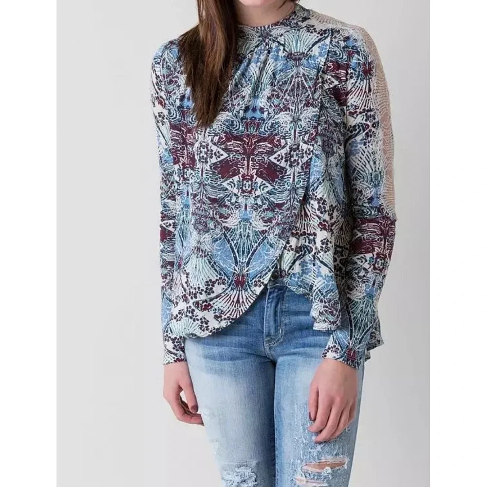 Free People Tunic Front Tulip Top Long Sleeve Blouse‎ Bohemian Flowy Small